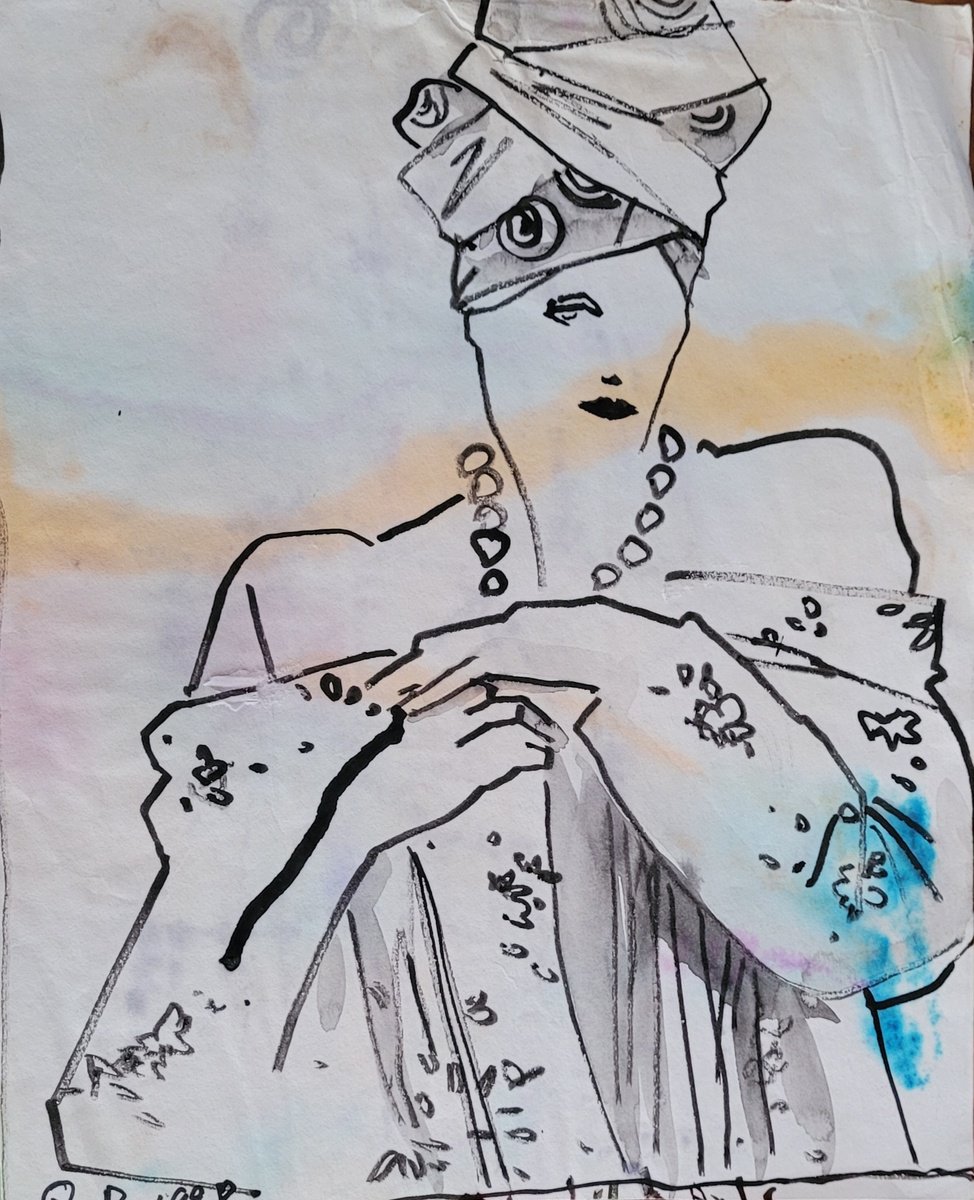 Expressive Portrait Ink Drawing By Qi Debrah, 9 X 11", Fashion Model Life Drawing 5, Original Artwork