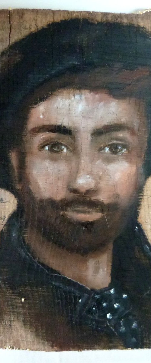 Painted wood, man with a beret "Artist's eye". by Loetitia Pillault