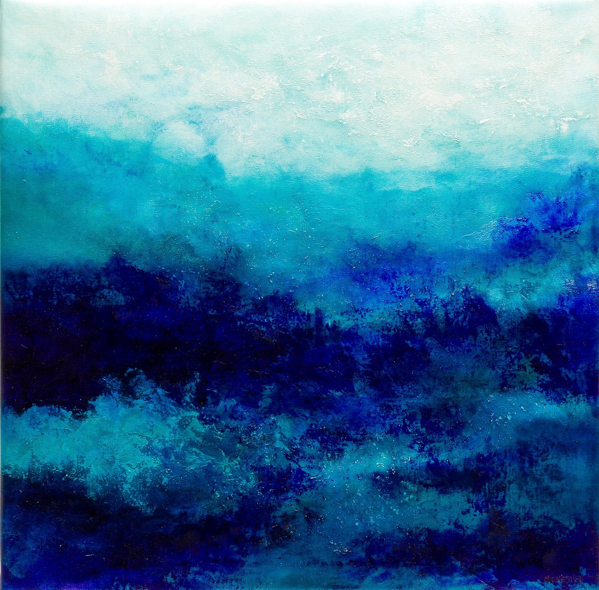 Abstract Landscape Oil Painting By Fabienne Monestier, 24 X 24, Blue Water Landscape N°3, Original Artwork