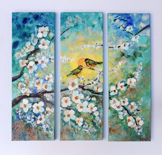 Singing of Spring - three pieces canvas, triptych, painting