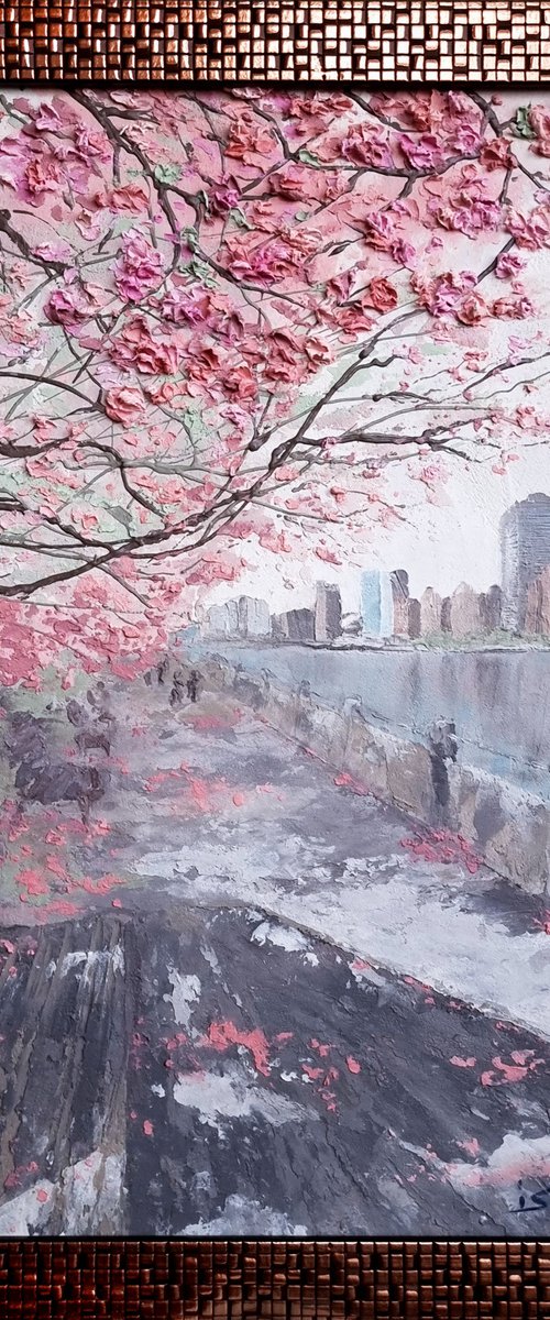 Cherry blossoms. Spring in New York. Roosevelt Island, Manhattan. Pink relief flowers. by Irina Stepanova