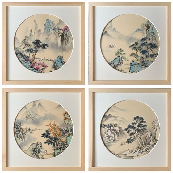 Landscape Painting of 4 Seasons, Original Brush Painting Set, Framed Square Wall Art