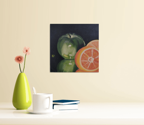 Sweet couple, original oil fruit apple orange oil  painting, impressionistic art, gift idea