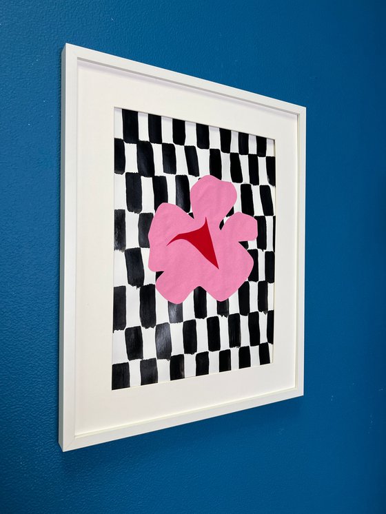 Pink Flower on Checkerboard