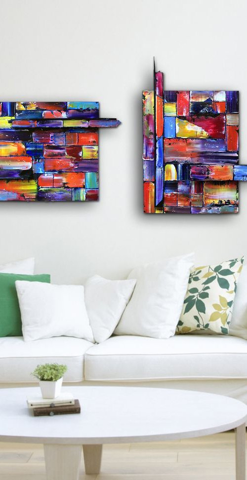 "Get In Shape" - FREE USA SHIPPING - Original Diptych PMS Mixed Media Sculptural Paintings On Wood, Framed -  45 x 26 inches by Preston M. Smith (PMS)