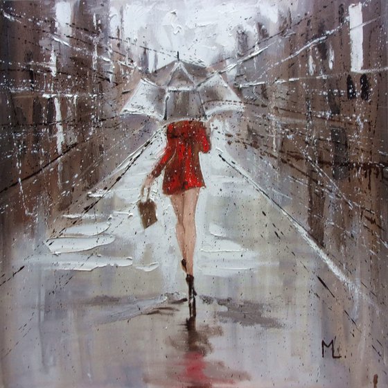 " MY CITY ... "  RAIN street spring summer original painting CITY palette knife GIFT