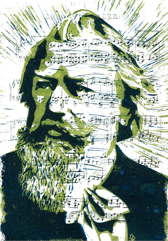 Composers - Brahms - Portrait on notes in green and blue