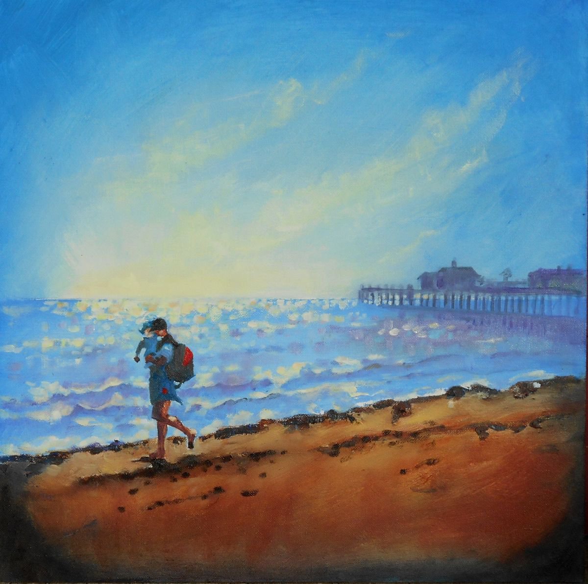 Man with Child Jogging on Southwold Beach by Mary Kemp