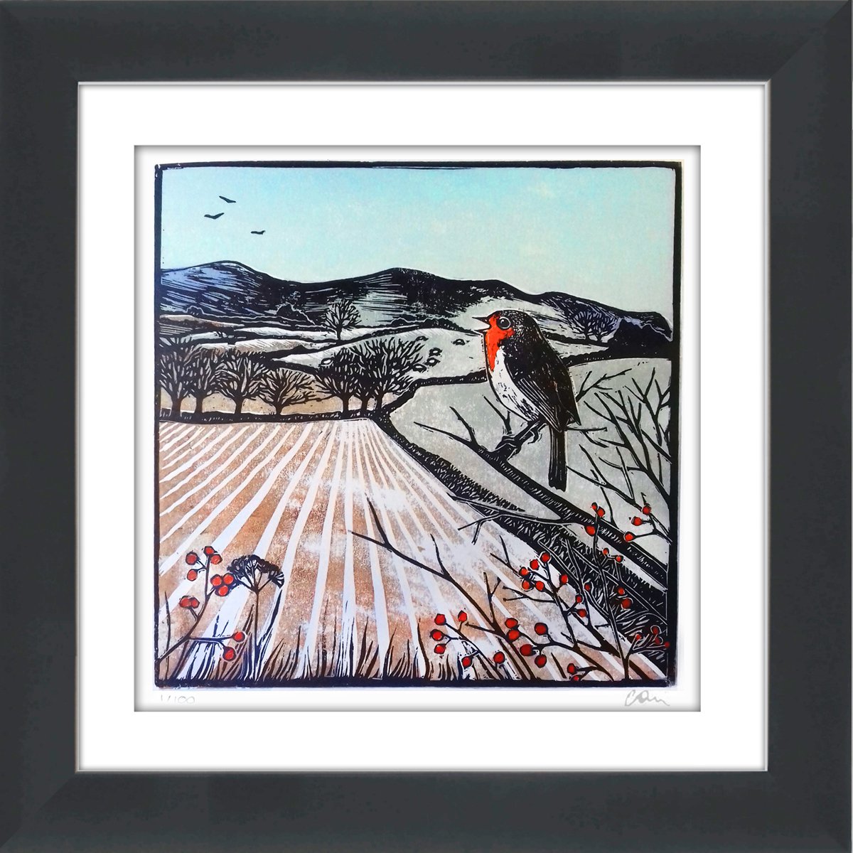 Illustrative Animal Linocut By Carolynne Coulson, 14 X 14, Robins