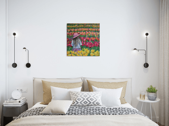 Among Tulips. Tulip field 19.7x19.7 inch /  ORIGINAL PAINTING