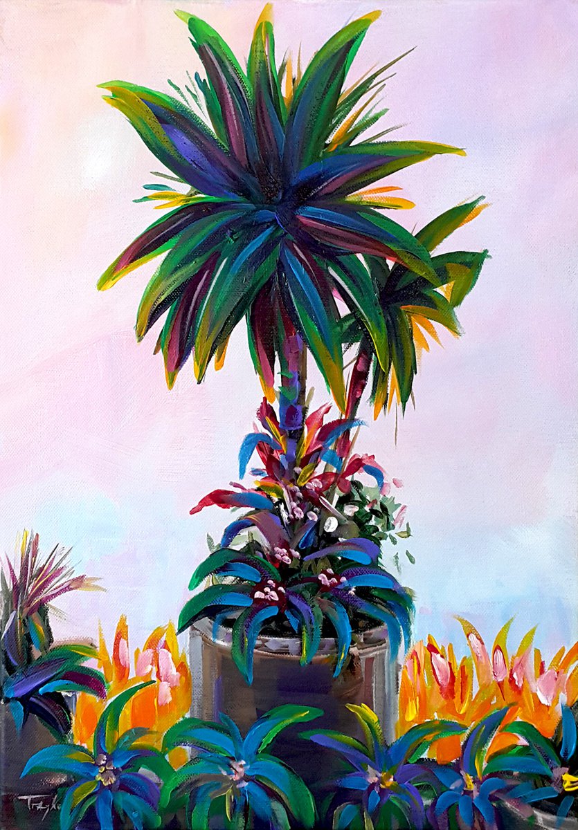 Impressionistic Botanical Acrylic Painting By Trayko Popov, 14 X 20", Sunrise In The Garden, Original Artwork