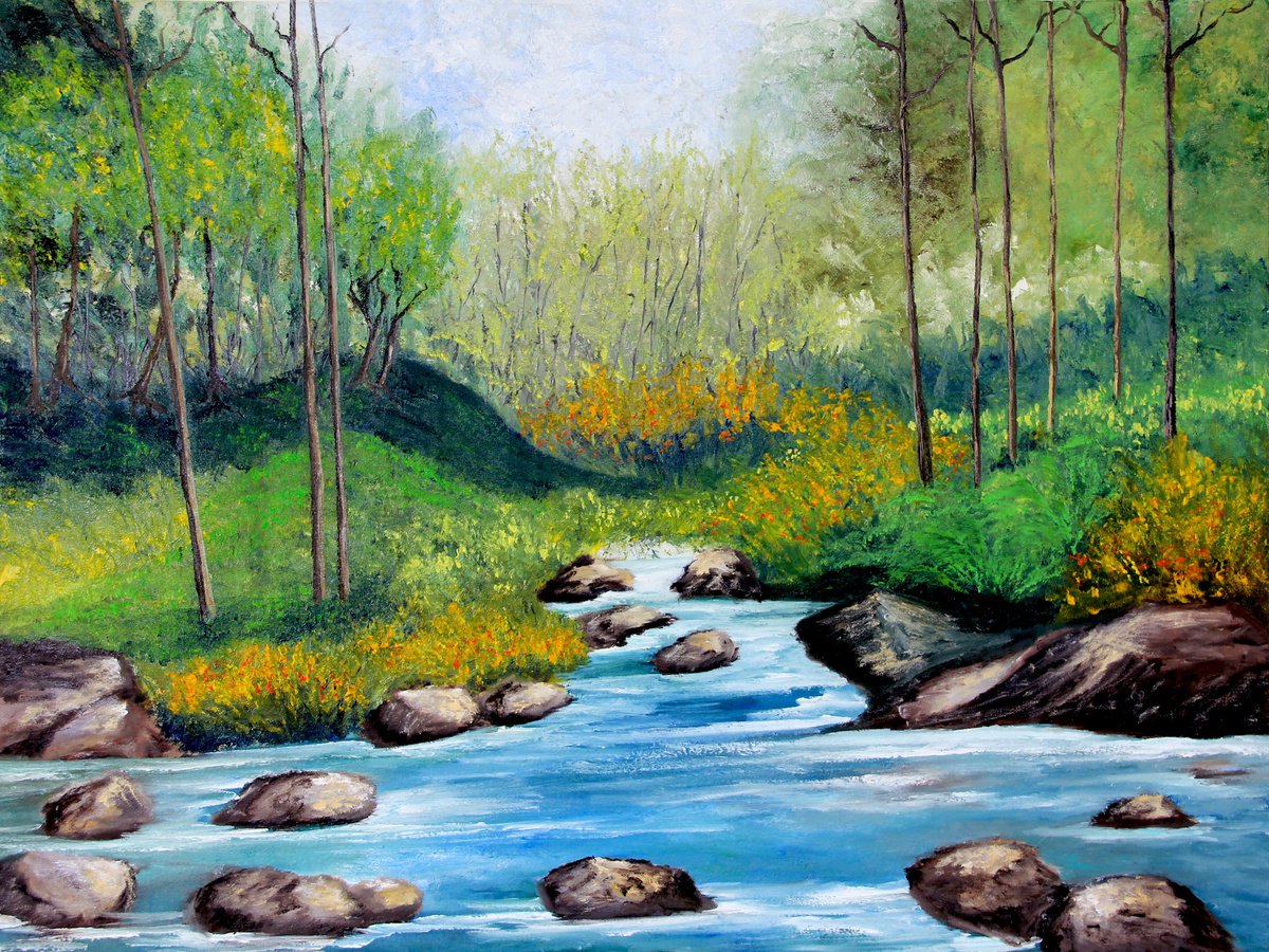 river mountain oil painting by Olya Shevel