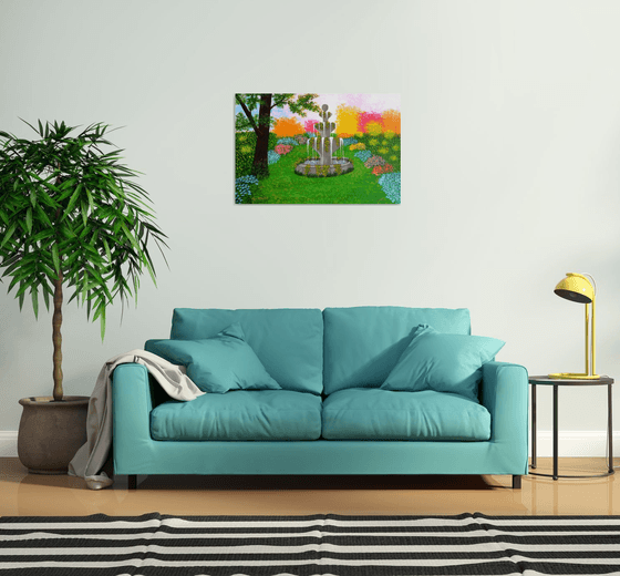 Make A Wish - large wild garden landscape; spring blossoms; wishing fountain; home, office decor; gift idea