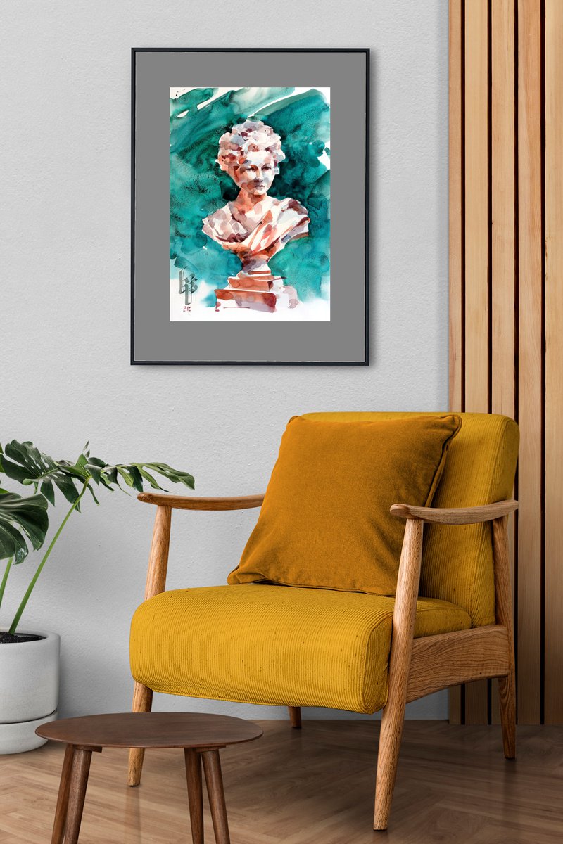 Expressive Still Life Watercolour By Ksenia Selianko, 10 X 15", Still Life With Statue, Original Artwork