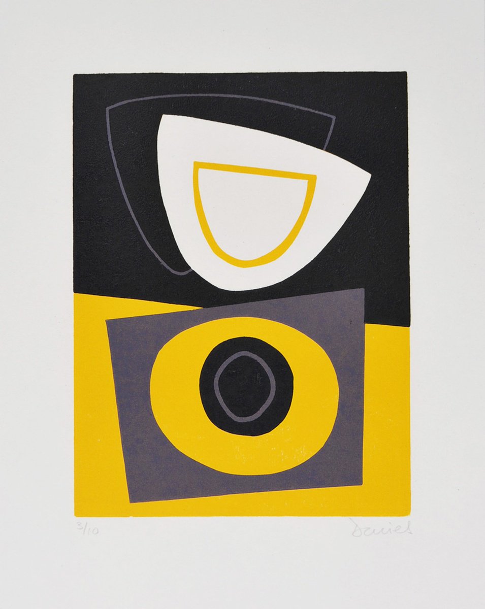 Abstract Linocut By Julian Davies, 9 X 11", With Moon Above And Sun Below, Original Artwork