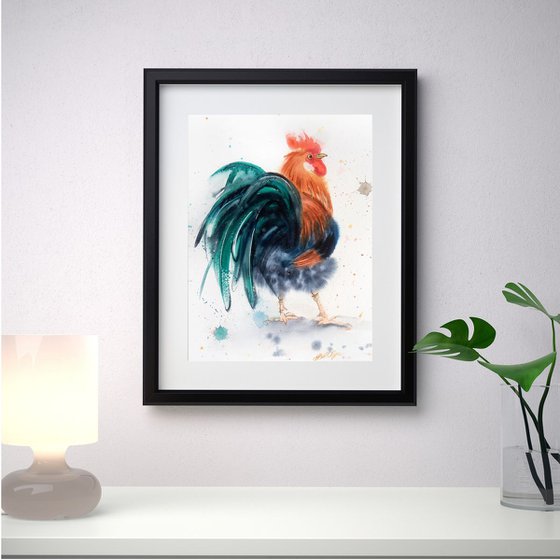 Proud Rooster - country decor - farm art - bird art - rooster painting - farm decor - rooster watercolour - chicken watercolour