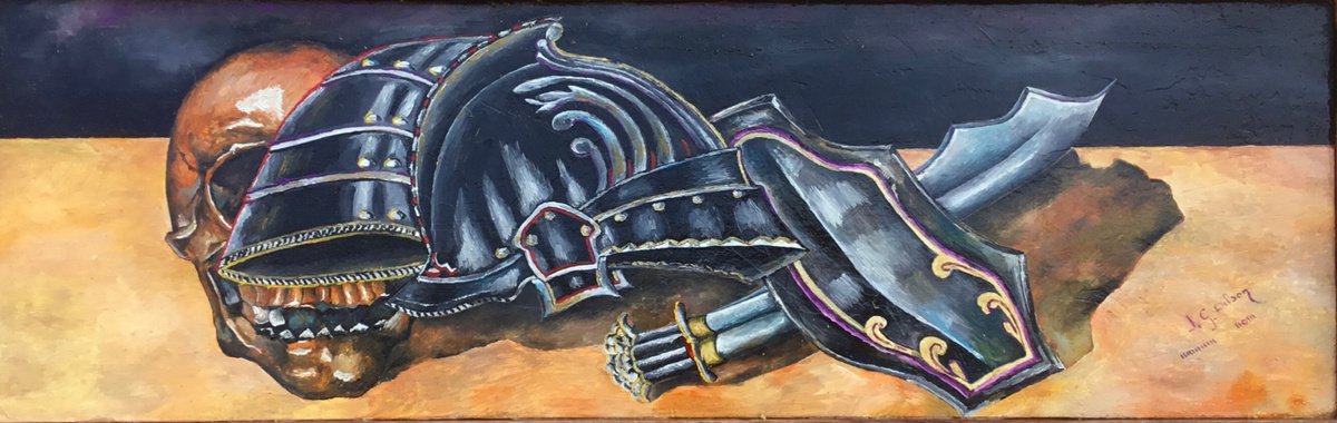 Still Life Oil Painting By Jg Wilson, 28 X 10, Old Armor, Original Artwork
