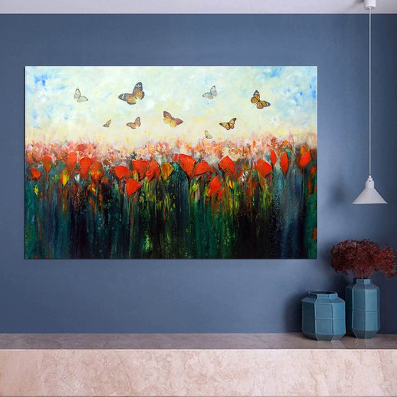 Welcome spring - Large abstract red flowers with butterflies, original artwork, abstract landscape