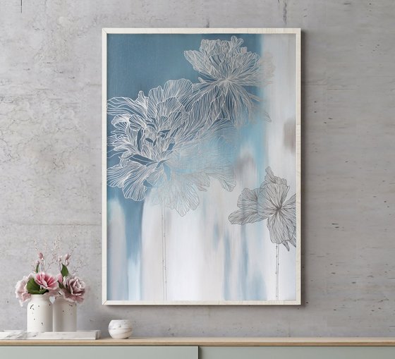 "Silver Thinness 2" Floral blue silver art