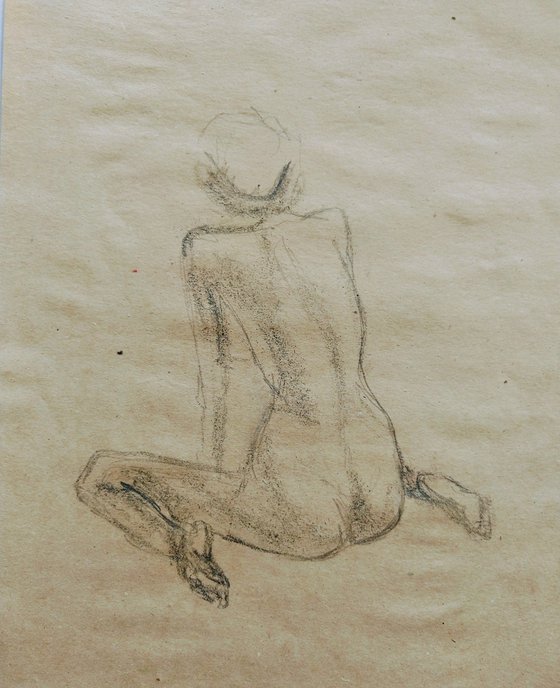 Nude. Sketch. Original pencil drawing on beige paper