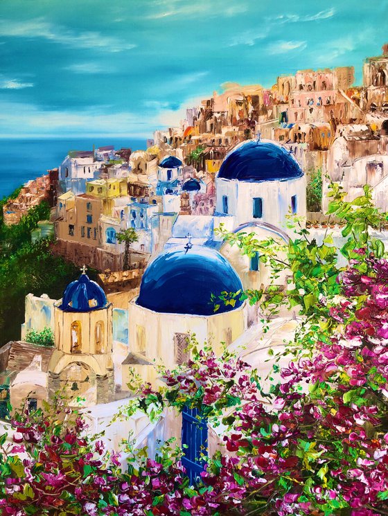 SUNNY SANTORINI - Summer. Sea. Greece. Resort. Hotel. Aegean Sea. Old city. White houses. Seaside. Mountains.