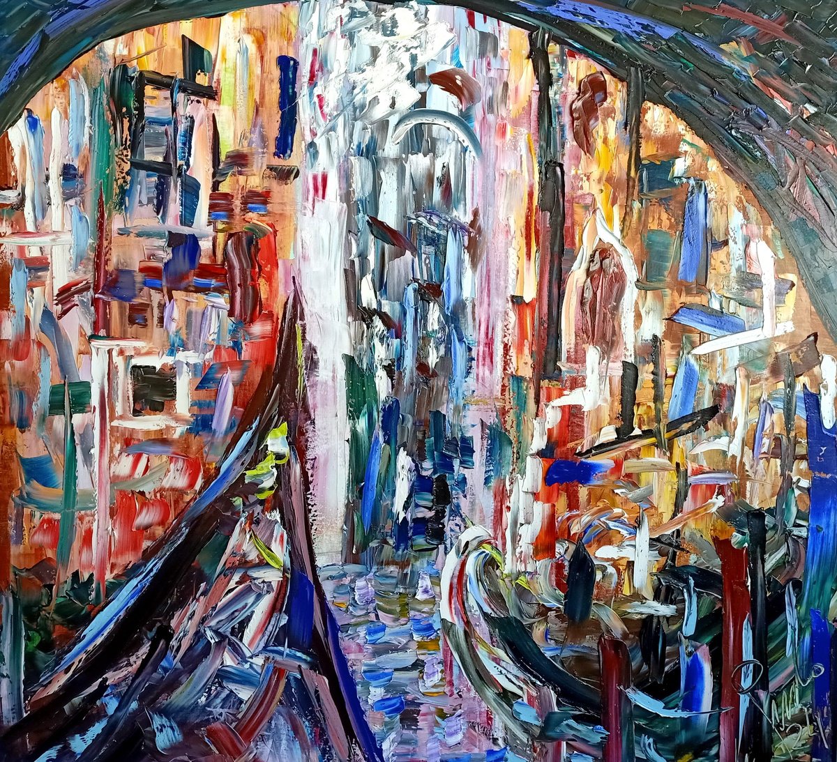 Abstract Cityscapes Oil Painting By Antonino Puliafico, 62 X 59, Misteri A Venezia, Original Artwork