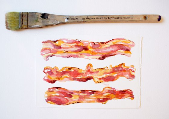 Original Watercolour of 3 Strips of Streaky Bacon