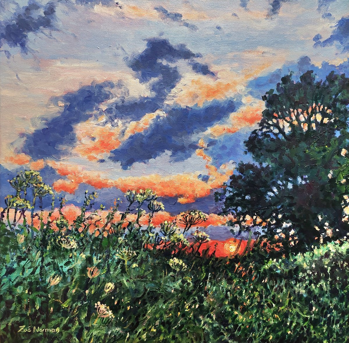 Impressionistic Landscape Oil Painting By Zoe Elizabeth Norman, 16 X 16", Evening Light - Sunset, Original Artwork