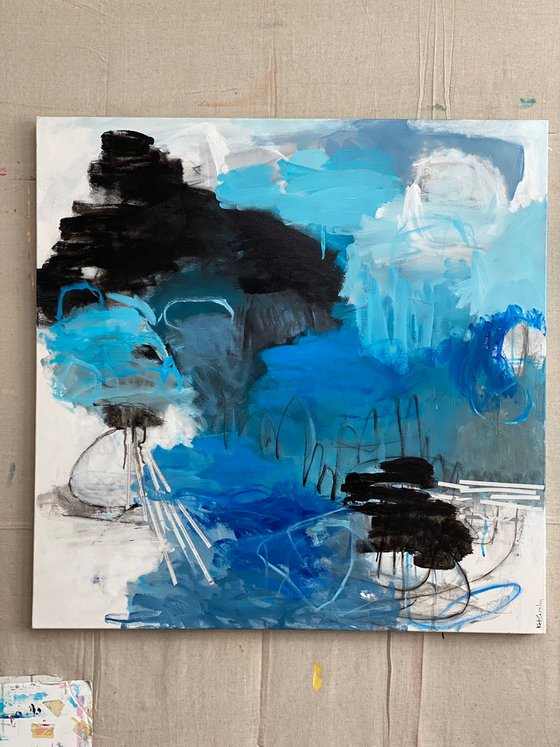 Blue on Black - playful bold whimsical abstract blue, black and white painting