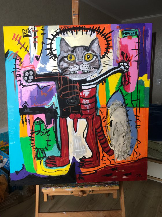 Red Cat Troy King, (102 x 91cm, 40 x 36 inches ) version of painting by Jean-Michel Basquiat  Untitled GLOW IN THE  DARK