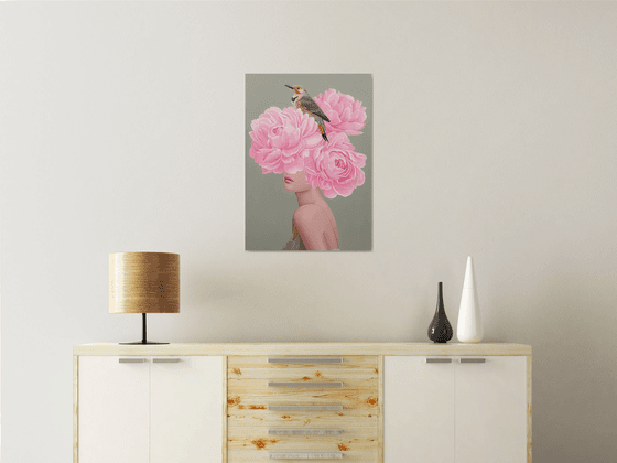 Girl with a bird and peonies