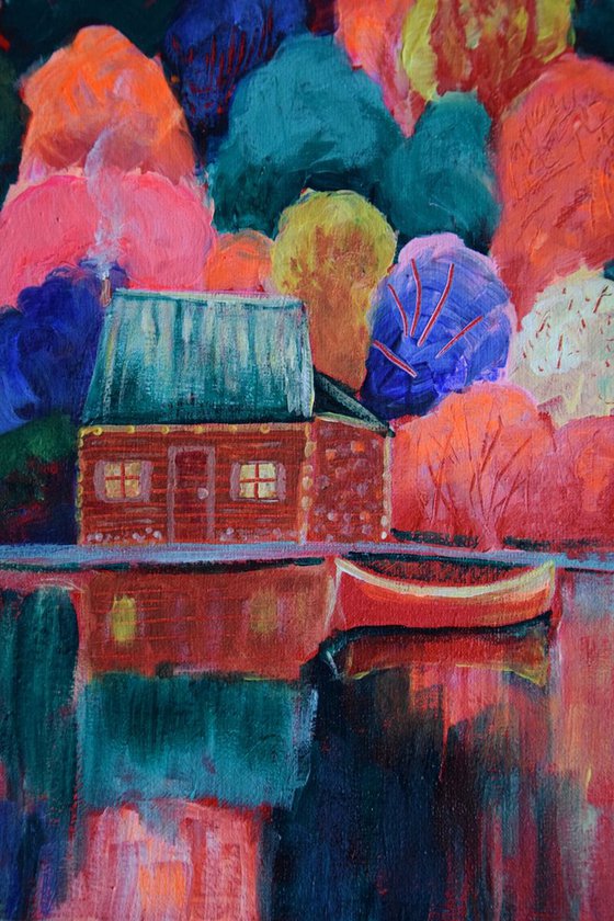 Acrylic painting Fairy house near fall forest lake