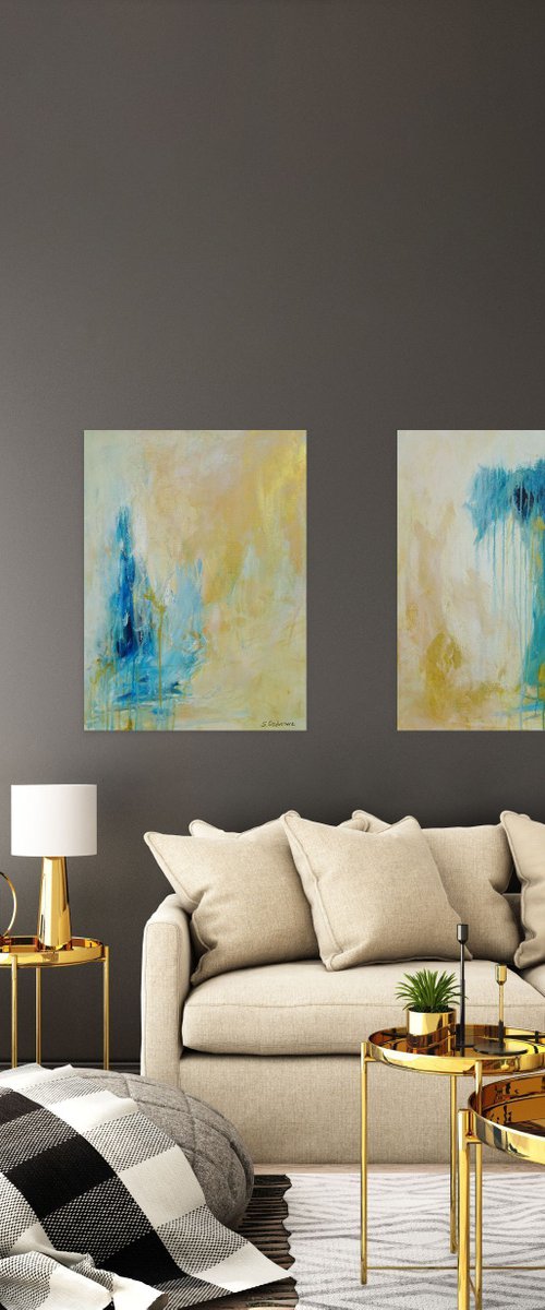 Large Abstract Painting. Modern Blue and Gold Diptych Art. 61 x 91 cm by Sveta Osborne
