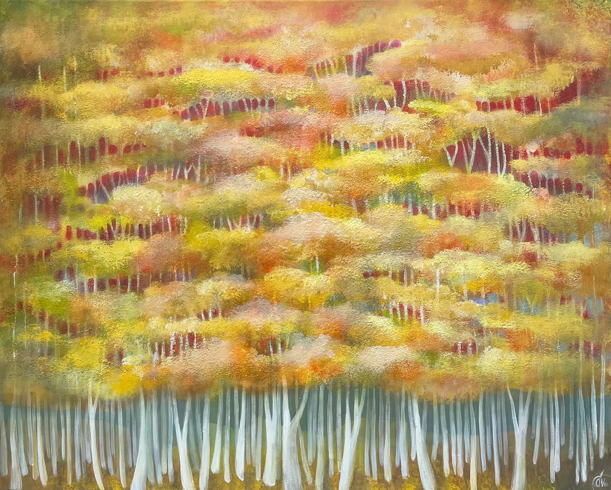 Impressionistic Landscape Acrylic Painting By Oksana Vasylyeva, 35 X 28", Golden Whisper Of The Forest, Original Artwork