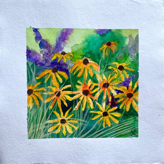 Flower Original Watercolor Painting, Yellow Wildflowers Artwork, Floral Wall Art, Coneflower Illustration