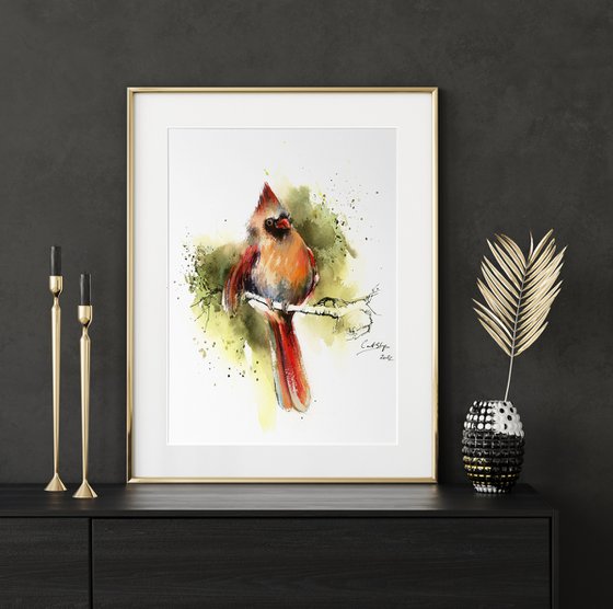 Northern Cardinal Female Bird Watercolor Painting