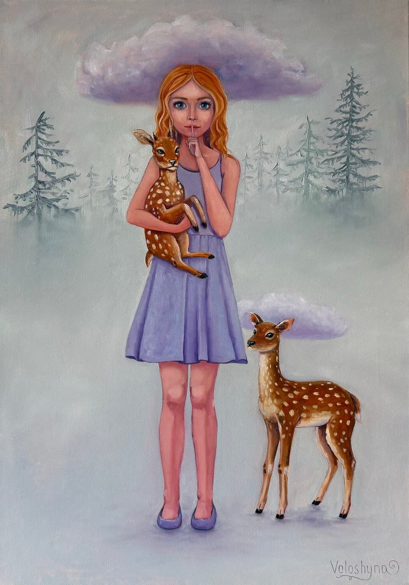 Surrealistic Oil Painting , The Secret With Deer By Mary Voloshyna, 20 X 28, Artwork For Sale On Artfinder