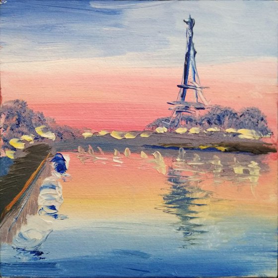 Sunset at the Seine river in Paris miniature painting