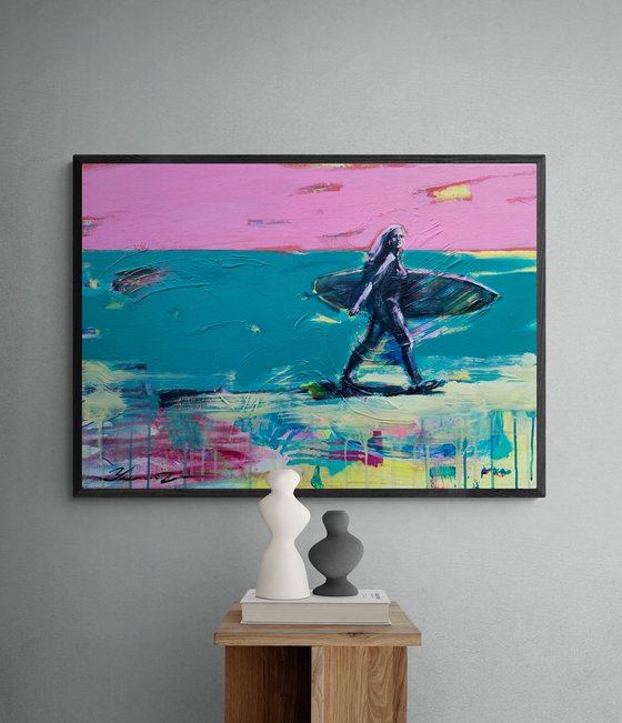 Bright painting - "Miami Beach" - Girl - Pop Art - Urban - Surfing - California