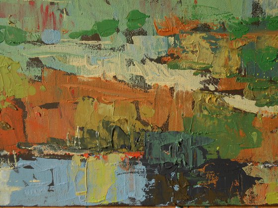 Village in the hills, modern abstract oil on canvas