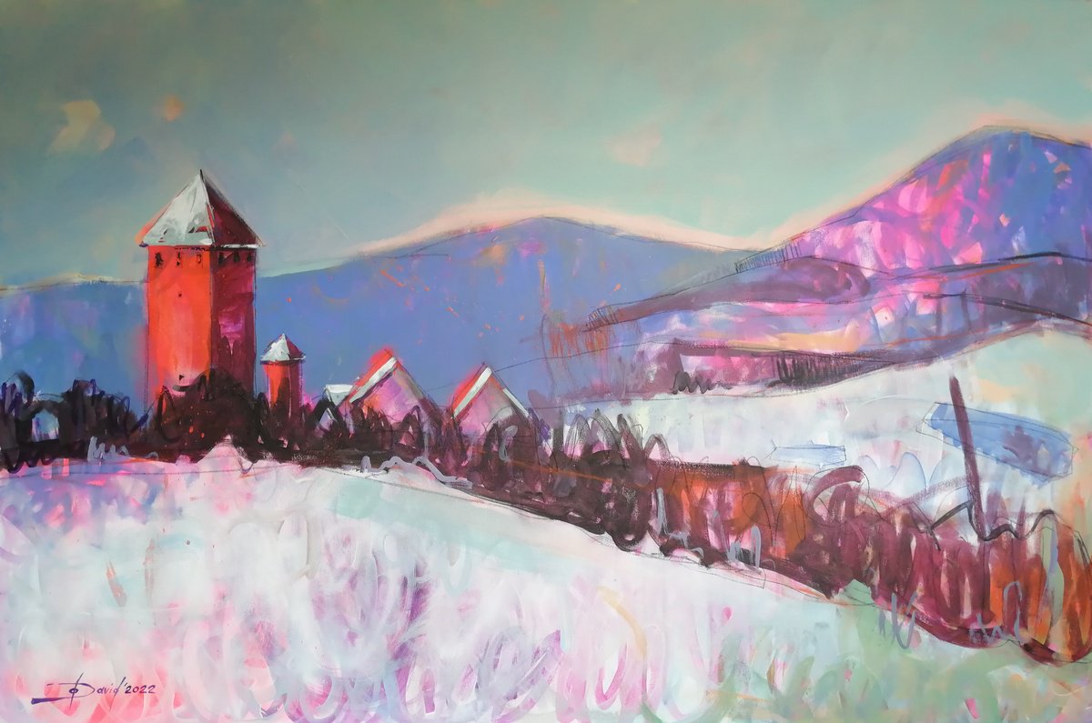 Expressive Landscape Acrylic Painting By Olga David, 47 X 31", Snowy Mountain Landscape, Original Artwork
