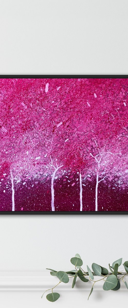 Abstract pink garden painting on canvas by Volodymyr Smoliak