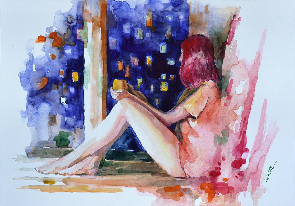Impressionistic Portrait Watercolour By Vachagan Manukyan, 20 X 14", Night And A Cup Of Coffee, Original Artwork