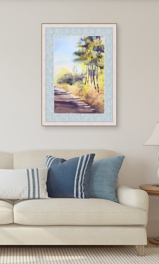 Pine forest in sunshine, watercolor pine trees