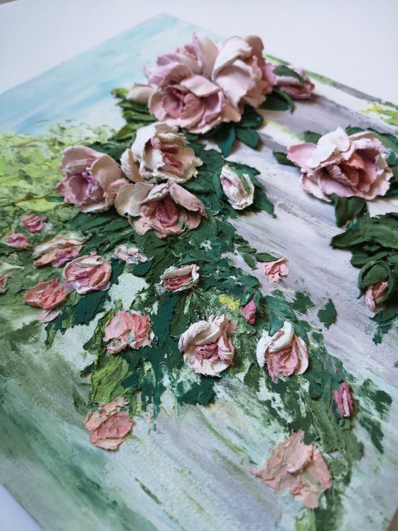 Braided roses - flower garden painting, 30x30x5 cm depts