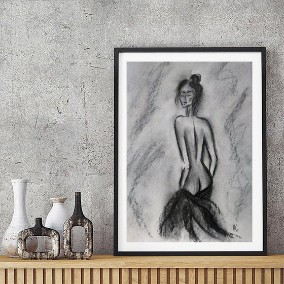 Female Nude Painting Figurative Original Art Woman Standing Nude Drawing Back View Bedroom Bathroom Charcoal Wall Art 12 by 17 inches