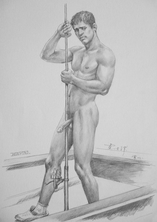Drawing charcoal  male nude in boat #16-8-27 by Hongtao Huang