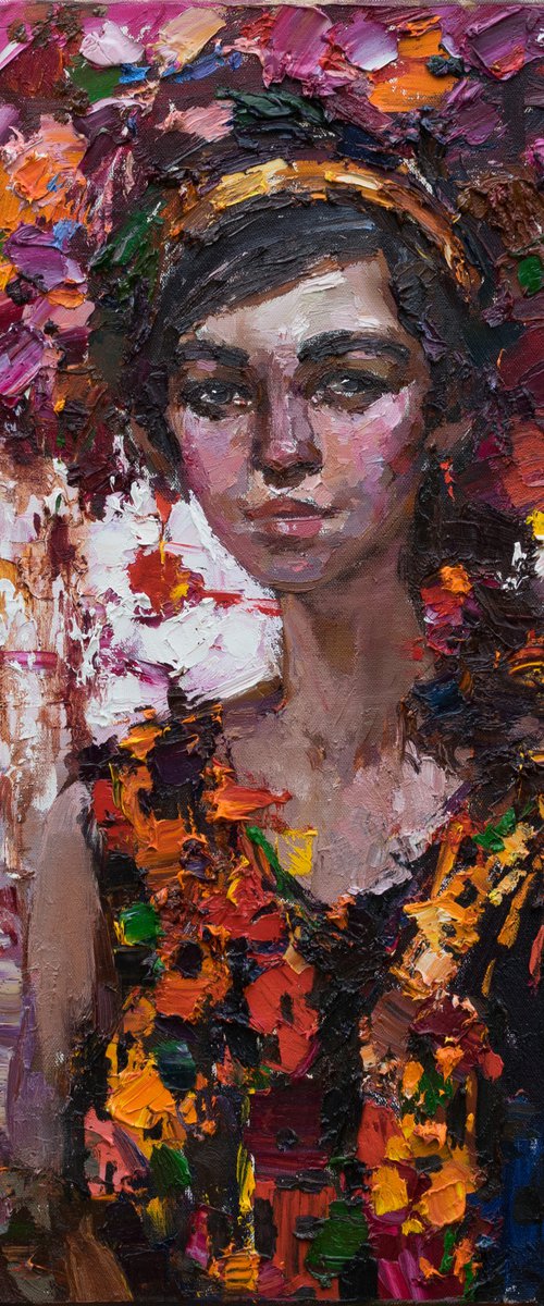 Girl with flowers - Original oil female portrait painting by Anastasiia Valiulina