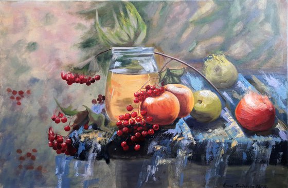 Honey summer, apples on the table, viburnum berries and a jar of honey, rain, summer still life. Painting: oil on canvas.