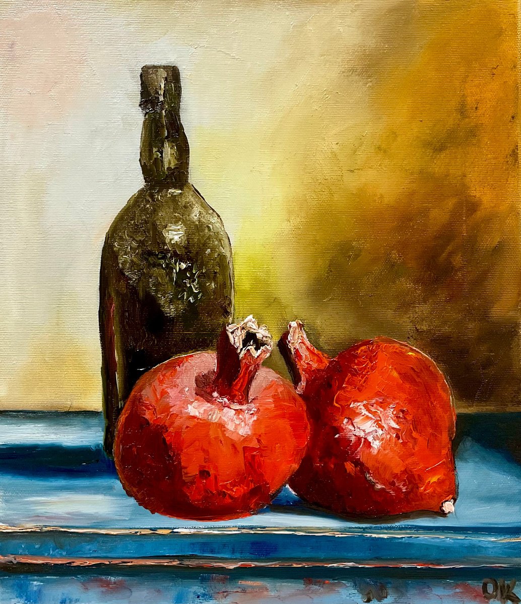 Pomegranates and oil bottle, rustic  style still life. Palette knife painting on linen can... by Olga Koval